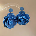Denim Fabric Rose Flower Pearl Stud Earrings For Women Retro OL Statement Geometric Design view 3