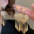 Statement Metal Crumpled Heart Tassel Drop Earrings With Silver Needle Studs For Women view 1