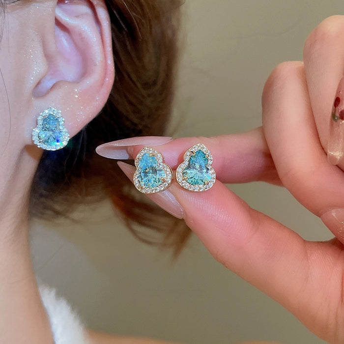 Copper Cubic Zirconia Geometric Gourd Stud Earrings, New Chinese Style, Elegant Light Luxury