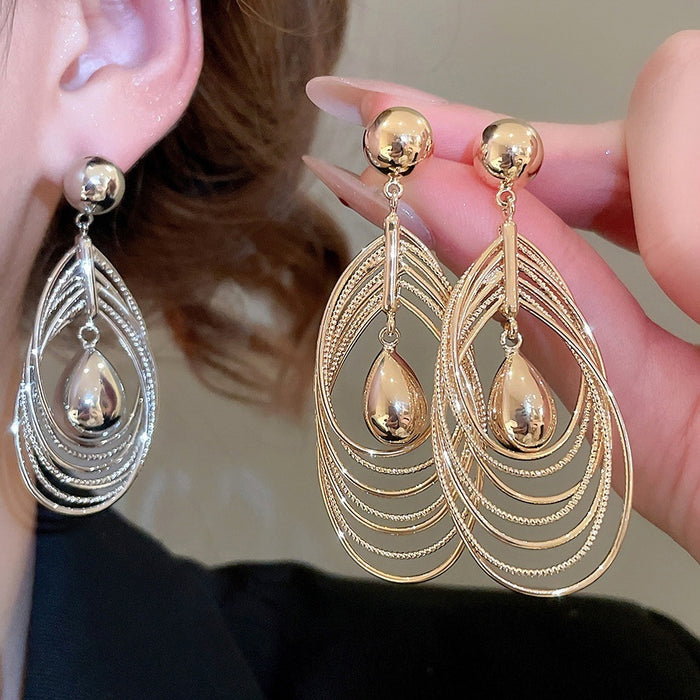 18K Gold Plated Metal Layered Teardrop Pendant Earrings For Women European American Style