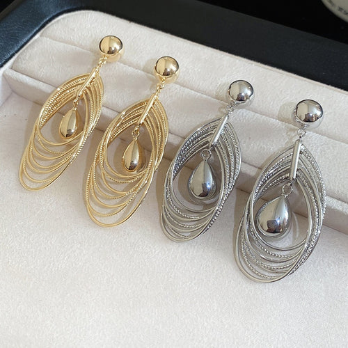 18K Gold Plated Metal Layered Teardrop Pendant Earrings For Women European American Style