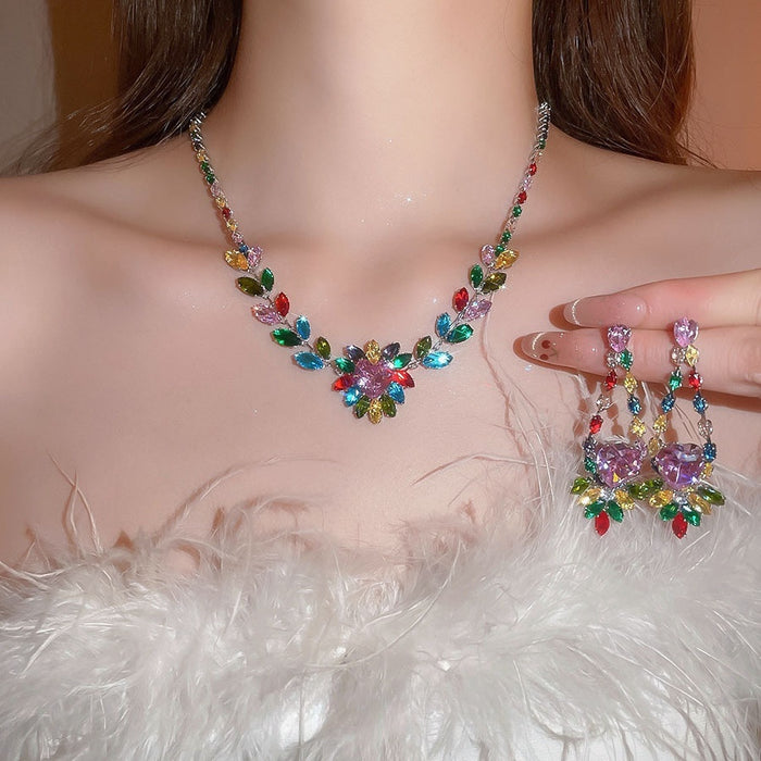 Light Luxury Copper Zircon Leaf Heart Earrings And Necklace Jewelry Set For Women