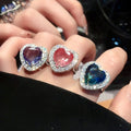 Sparkling Zircon Heart Open Copper Ring, Minimalist Light Luxury Adjustable Jewelry view 2