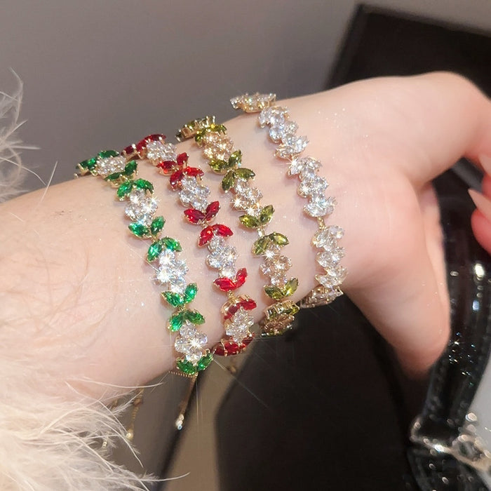 Light Luxury Green Zircon Flower Copper Bracelet, Fresh Forest Style Designer Jewelry