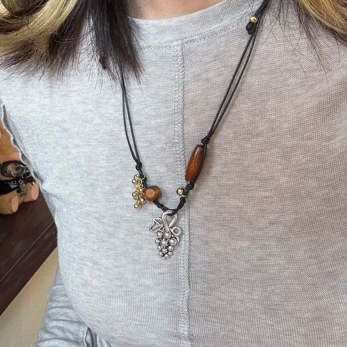 Bohemian Alloy Wood Geometric Grape Pendant Multilayer Sweater Necklace Maillard Style