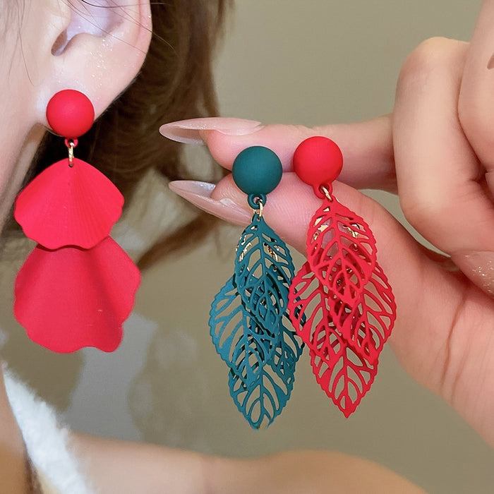 Metal Hollow Petal Leaf Tassel Drop Earrings New Chinese Style Silver Post Floral Studs