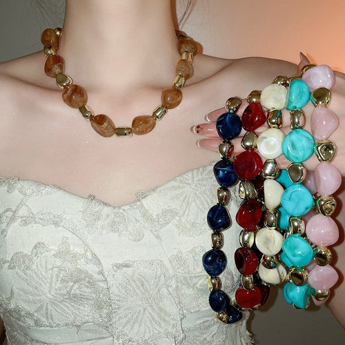 Vintage Acrylic Ombre Irregular Beaded Necklace Bracelet Jewelry Set For Women