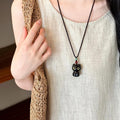 Braided Cord Crystal Wood Black Cat Cartoon Pendant Sweater Necklace Dark Style view 3