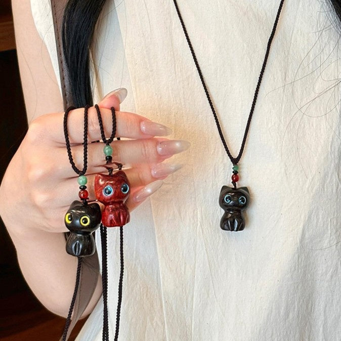 Braided Cord Crystal Wood Black Cat Cartoon Pendant Sweater Necklace Dark Style