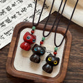 Braided Cord Crystal Wood Black Cat Cartoon Pendant Sweater Necklace Dark Style view 2