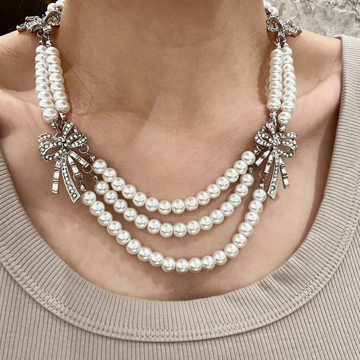 Light Luxury Rhinestone Bow Faux Pearl Multilayer Baroque Sweater Necklace For Women