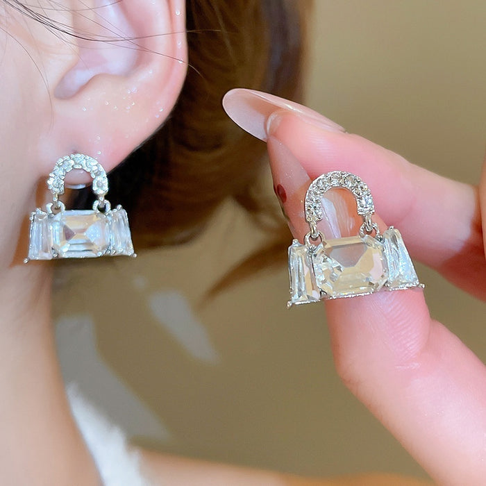 Light Luxury Alloy Rhinestone Square Bag Charm Drop Earrings With Silver Pins