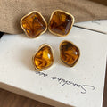 French Court Style Irregular Geometric Resin Rhombus Stud Earrings Maillard Niche Design view 1