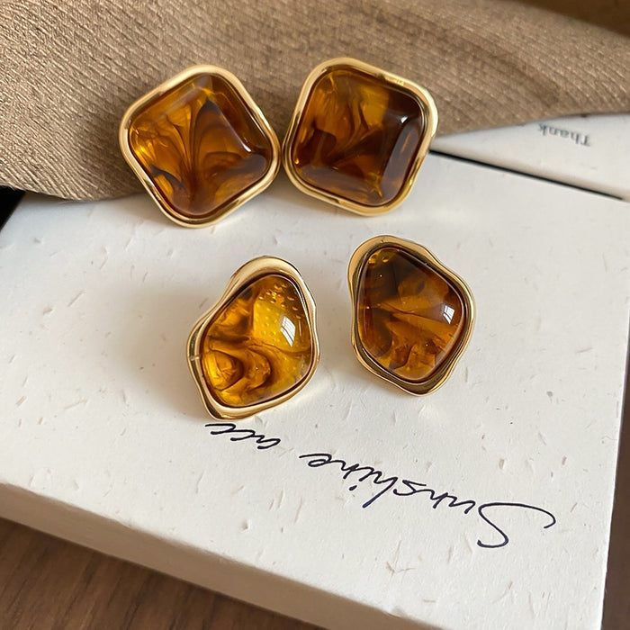 French Court Style Irregular Geometric Resin Rhombus Stud Earrings Maillard Niche Design