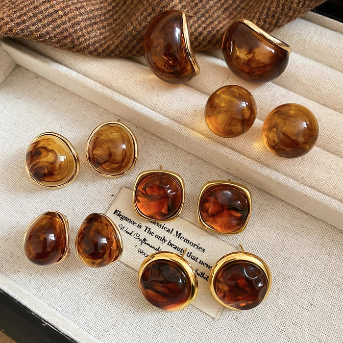 Vintage Maillard Style Wrinkled Resin Geometric Round Stud Earrings For Women