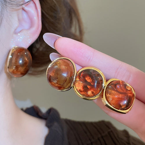 Vintage Maillard Style Wrinkled Resin Geometric Round Stud Earrings For Women
