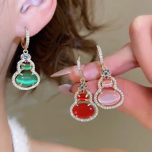 14K Gold Plated Zircon Resin Oval Gourd Pendant Drop Earrings New Chinese Light Luxury Jewelry