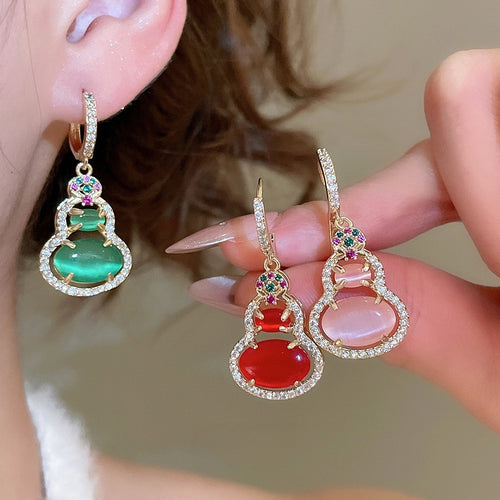 14K Gold Plated Zircon Resin Oval Gourd Pendant Drop Earrings New Chinese Light Luxury Jewelry