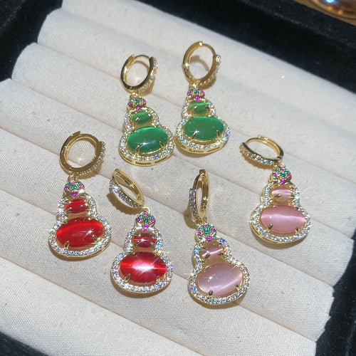 14K Gold Plated Zircon Resin Oval Gourd Pendant Drop Earrings New Chinese Light Luxury Jewelry