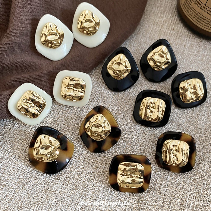 18K Gold Plated Acetate Pearl Leopard Print Irregular Geometric Stud Earrings With Silver Posts