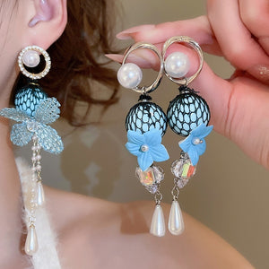 Silver Needle Zircon Pearl Resin Knitted Flower Drop Earrings Chic Floral Jewelry