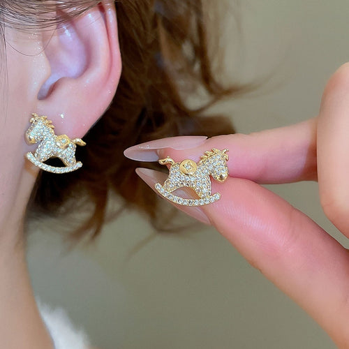 Light Luxury Copper Zircon Cute Pony Horse Stud Earrings For Women Fashion Animal Jewelry
