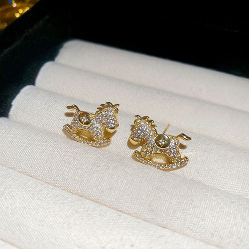 Light Luxury Copper Zircon Cute Pony Horse Stud Earrings For Women Fashion Animal Jewelry