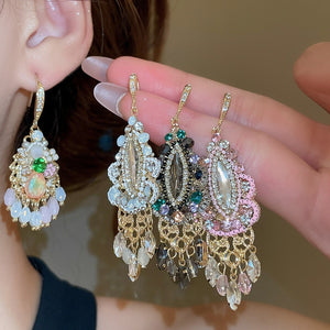 Sparkling Rhinestone Teardrop Crystal Tassel Drop Earrings, French Palace Style Ear Hooks