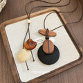 Vintage Ethnic Wood Bead Round Oval Shell Pendant Sweater Necklace With Geometric Design view 2