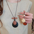 Vintage Ethnic Wood Bead Round Oval Shell Pendant Sweater Necklace With Geometric Design view 1