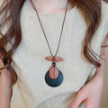 Vintage Ethnic Wood Bead Round Oval Shell Pendant Sweater Necklace With Geometric Design view 3