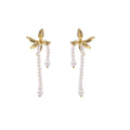 Elegant French Vintage Iris Flower Alloy Studs With Pearl Beaded Tassel Long Drop Dangle Earrings view 5