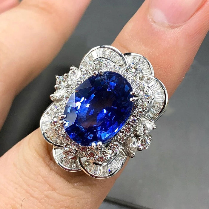 Korean Flower Rose Ring For Women, Oval Faux Sapphire Court Style Statement Jewelry