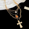 Court Style Acrylic Pearl Cross Pendant Crystal Choker Necklace For Women view 4