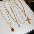 Court Style Acrylic Pearl Cross Pendant Crystal Choker Necklace For Women view 2