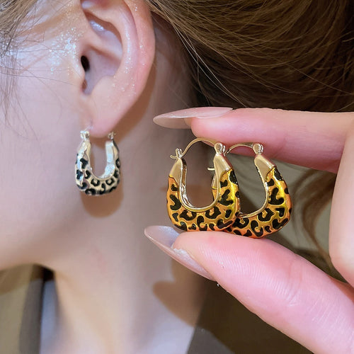 Vintage Maillard Alloy Leopard Print Enamel Square Clip On Drop Earrings For Women
