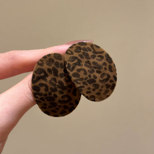 Maillard Style Flocked Leopard Print Geometric Diamond Round Silver Stud Earrings