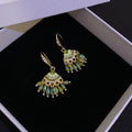 Luxury Ethnic Fan Shaped Alloy Rhinestone Green Crystal Beaded Tassel Chandelier Stud Earrings view 3