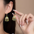 Luxury Ethnic Fan Shaped Alloy Rhinestone Green Crystal Beaded Tassel Chandelier Stud Earrings view 1