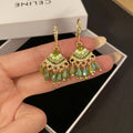 Luxury Ethnic Fan Shaped Alloy Rhinestone Green Crystal Beaded Tassel Chandelier Stud Earrings view 2