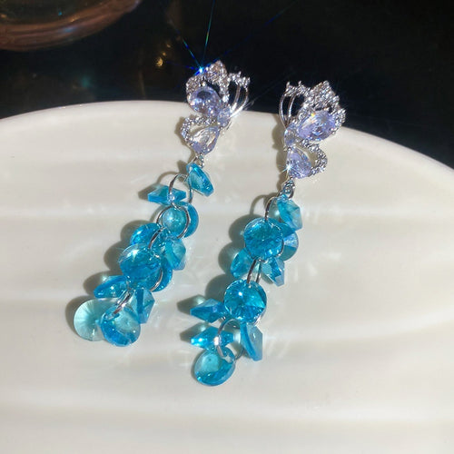 Light Luxury Alloy Crystal Butterfly Tassel Drop Earrings With Sparkling Rhinestone Accents