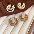 18K Gold Plated Copper Double Layer Round Pendant Drop Earrings Vintage Geometric Ear Jewelry view 1