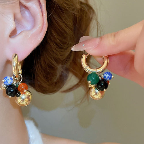 Vintage Stone Beaded Grape Cluster Drop Earrings Geometric Round Minimalist Fashion Jewelry