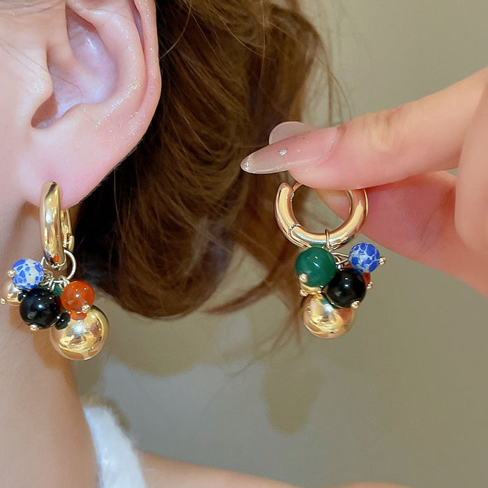 Vintage Stone Beaded Grape Cluster Drop Earrings Geometric Round Minimalist Fashion Jewelry