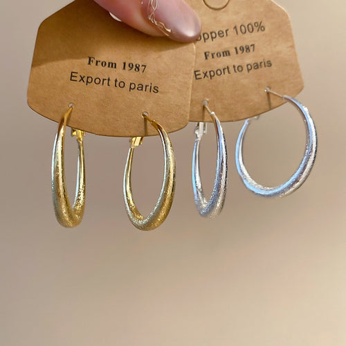 Matte Frosted Copper Hoop Earrings With Round Pendant And Silver Needle Posts