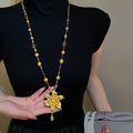 Court Style Alloy Pearl Beaded Crystal Flower Pendant Sweater Necklace For Women view 1