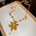 Court Style Alloy Pearl Beaded Crystal Flower Pendant Sweater Necklace For Women view 2