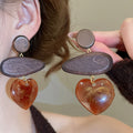 Vintage Ethnic Resin Wood Heart Teardrop Round Pendant Drop Earrings With Silver Pins view 4