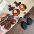 Vintage Ethnic Resin Wood Heart Teardrop Round Pendant Drop Earrings With Silver Pins view 1