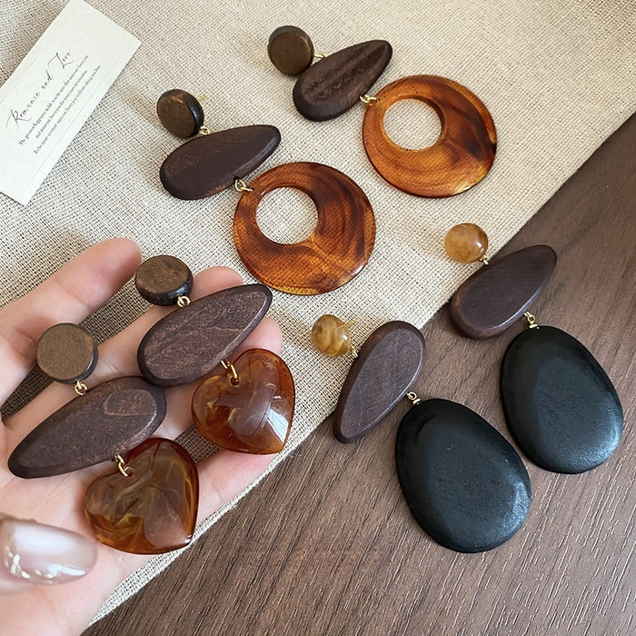 Vintage Ethnic Resin Wood Heart Teardrop Round Pendant Drop Earrings With Silver Pins
